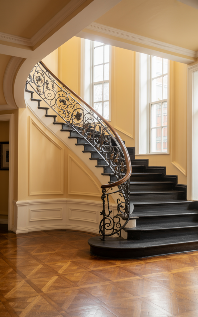 An elegant and natural-looking realistic photograph of a curved staircase foyer featuring intricate wrought iron railings with elegant scrollwork against light walls decorated in timeless traditional style with natural lighting
