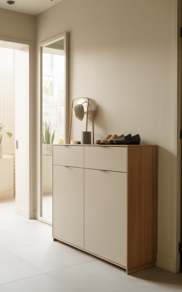 An elegant and natural-looking realistic photograph of a neat entryway featuring a slim closed shoe cabinet keeping footwear hidden and organized decorated in contemporary minimalist style with natural lighting
