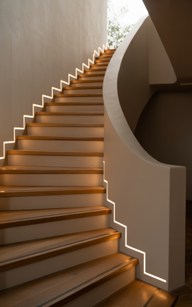 An elegant and natural-looking realistic photograph of a staircase with a glowing LED strip running along the skirting board where the stairs meet the wall, creating a thin continuous line of light tracing the staircase path upward, decorated in minimalist modern interior style with natural lighting