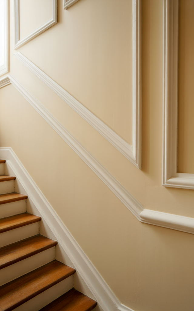An elegant and natural-looking realistic photograph of a staircase ceiling and wall featuring crown molding running down the sloped ceiling line above a staircase with wooden treads and white railing decorated in elegant traditional home decor style with natural lighting