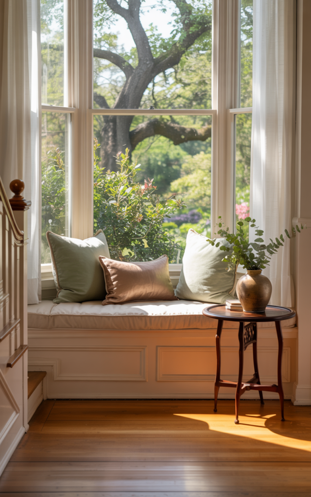 An elegant and natural-looking realistic photograph of a staircase landing featuring a charming bay window with a cushioned bench, throw pillows and small side table overlooking greenery decorated in traditional transitional style with natural lighting