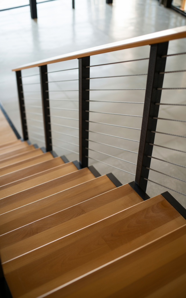 An elegant and natural-looking realistic photograph of a staircase featuring horizontal cable railings with slim black metal posts and clean wooden treads decorated in modern industrial style with natural lighting