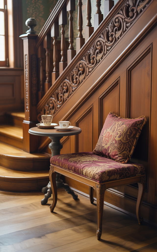 An elegant and natural-looking realistic photograph of a cozy staircase nook built beneath the stairs with a slim vintage bench, patterned cushion and small side table beside carved wooden railing decorated in charming Victorian style with natural lighting