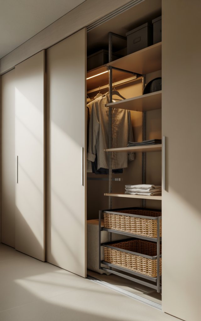 An elegant and natural-looking realistic photograph of an under-stair storage closet with sleek sliding doors, interior hanging rods, shelves and pull-out baskets, decorated in modern minimalist style with natural lighting