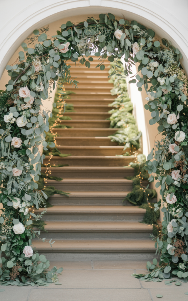 An elegant and natural-looking realistic photograph of the entrance to a wedding staircase framed with a lush greenery arch filled with eucalyptus garlands, roses, and soft fairy lights welcoming guests upward decorated in garden romance wedding style with natural lighting