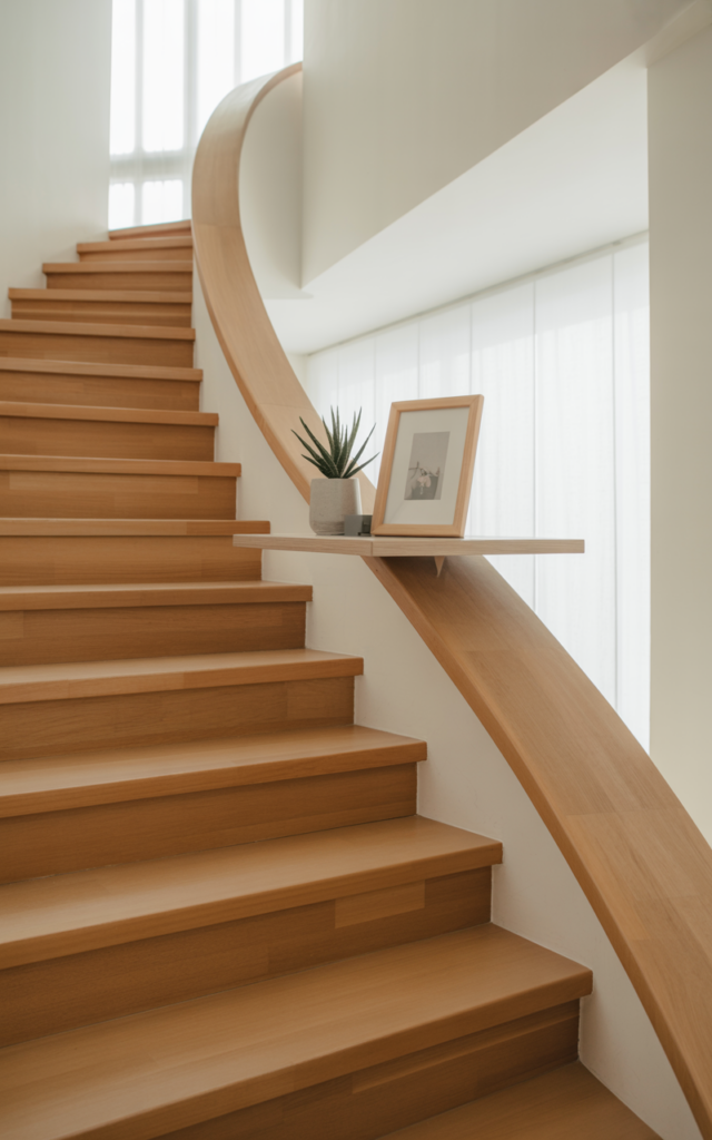An elegant and natural-looking realistic photograph of a staircase where the wooden handrail extends into a slim floating shelf at the landing displaying a small plant and framed photo beside light wood stairs decorated in modern Scandinavian home decor style with natural lighting