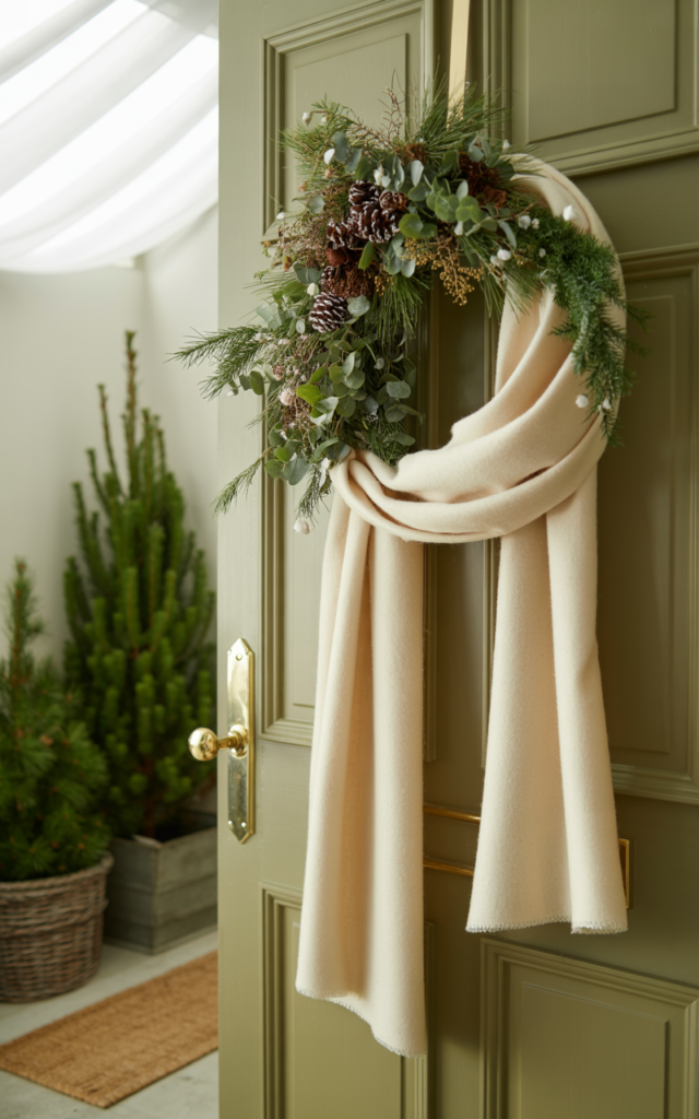An elegant and natural-looking realistic photograph of a cozy front door showcasing a wreath wrapped in soft wool fabric resembling a scarf with gently draped ends decorated in warm hygge style with natural lighting