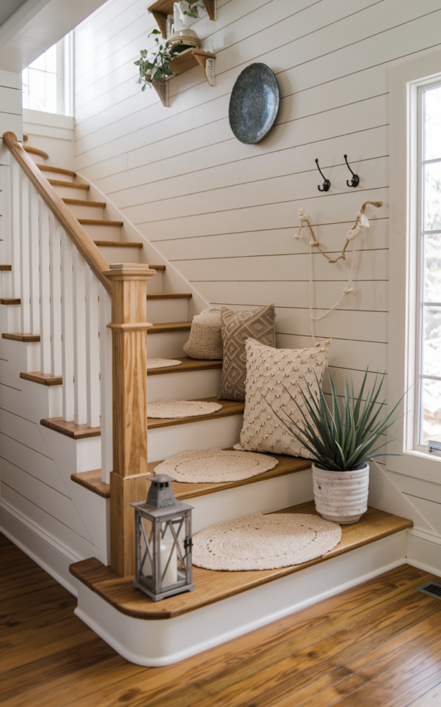 An elegant and natural-looking realistic photograph of an oak staircase wall wrapped in horizontal white shiplap planks creating texture and warmth against the wood steps decorated in cozy farmhouse style with natural lighting