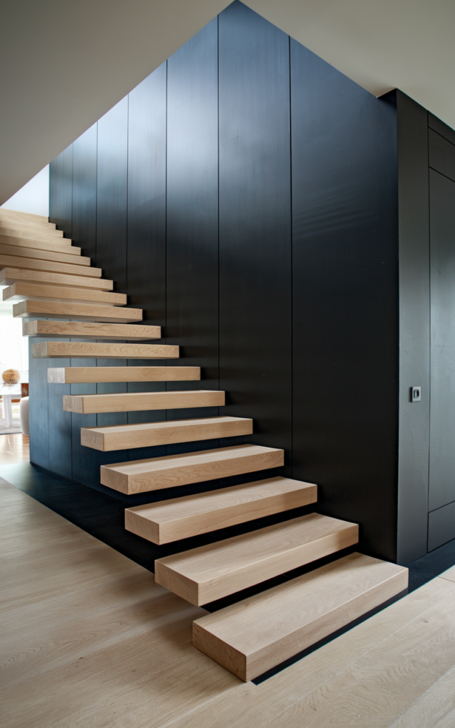 An elegant and natural-looking realistic photograph of light oak floating staircase steps set against a dramatic matte black feature wall creating strong contrast decorated in contemporary modern style with natural lighting