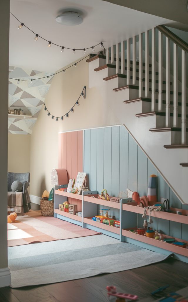 An elegant and natural-looking realistic photograph of an under-stair kids’ play hideout with soft flooring, colorful painted walls, low toy shelves and string lights, decorated in playful contemporary style with natural lighting