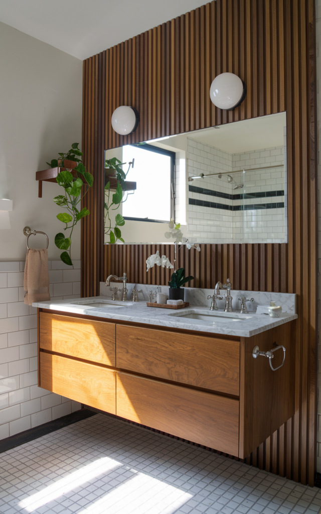 An elegant and natural-looking realistic photograph of a bathroom featuring a vertical wood slat feature wall behind a floating vanity adding texture and depth decorated in mid century modern style with natural lighting