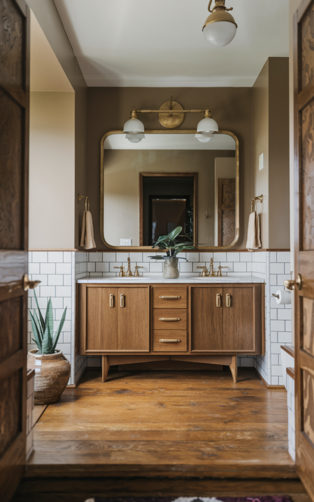 An elegant and natural-looking realistic photograph of a bathroom with brass accents including mirror frame, cabinet handles, and lighting paired with wood and neutral tones decorated in mid-century modern style with natural lighting