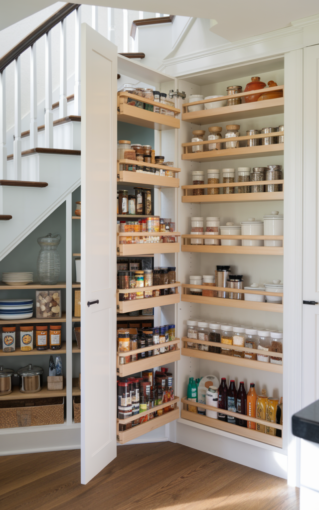 An elegant and natural-looking realistic photograph of tall pull-out pantry racks installed under a staircase, sliding pantry shelves filled with jars, spices, and grocery containers neatly organized inside a hidden cabinet decorated in modern functional kitchen storage decor style with natural lighting