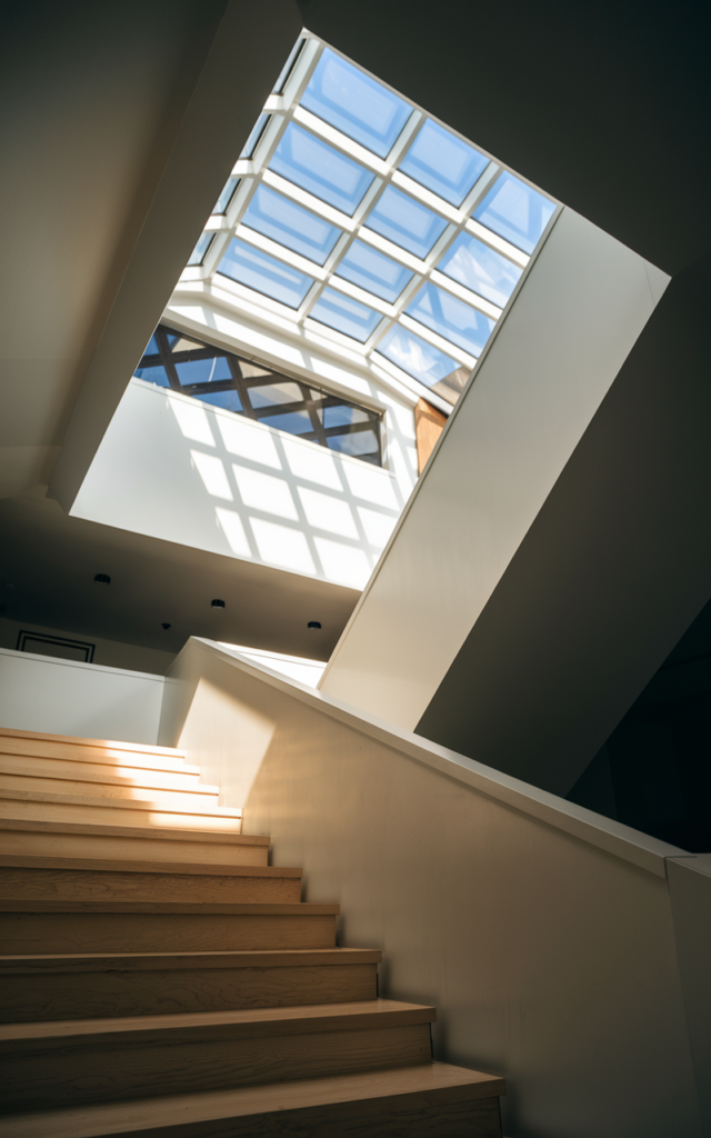 An elegant and natural-looking realistic photograph of a stairwell illuminated by a large skylight above, sunlight cascading down over white walls and light oak stairs decorated in modern minimalist style with natural lighting