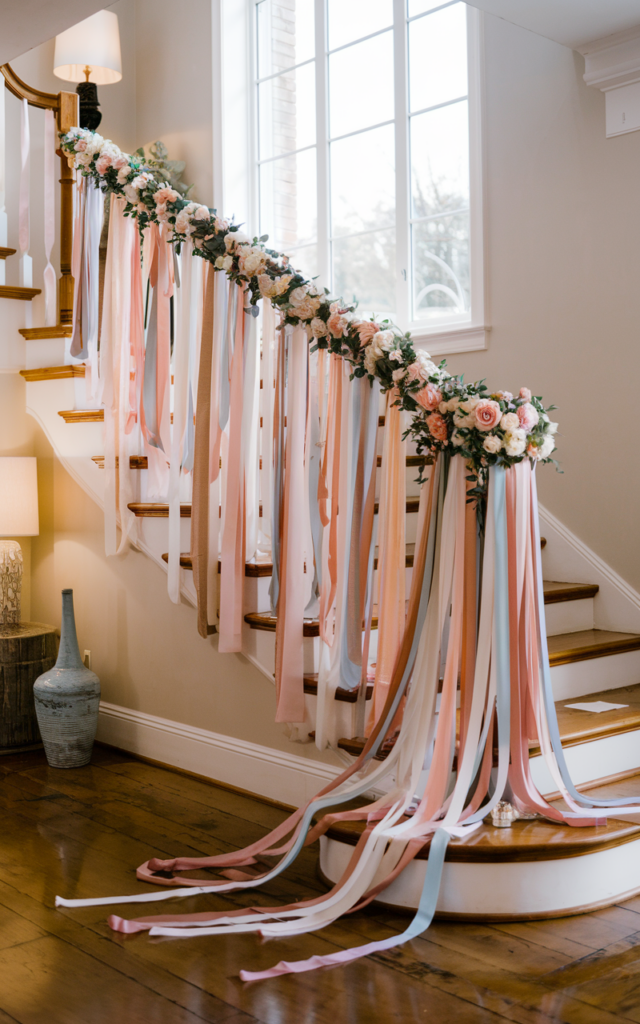 An elegant and natural-looking realistic photograph of a staircase banister decorated with long flowing satin and chiffon ribbon streams in blush, ivory, and champagne tones cascading down the railing decorated in whimsical fairytale wedding style with natural lighting
