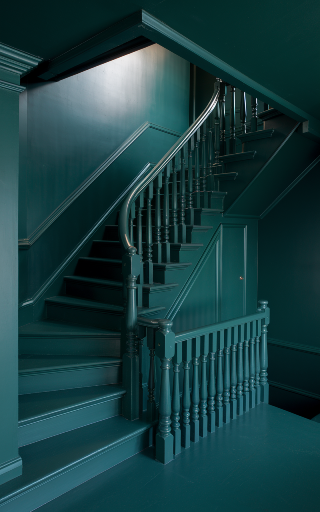 An elegant and natural-looking realistic photograph of a staircase fully color drenched in deep forest green across walls, trim, spindles and risers creating a dramatic cocoon effect decorated in moody contemporary style with natural lighting