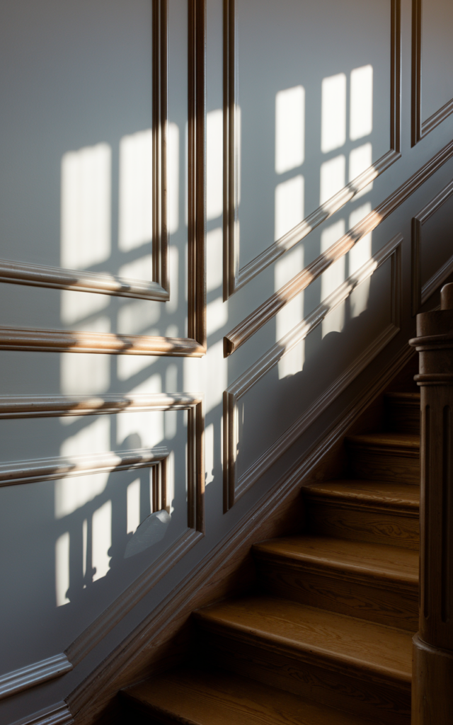 An elegant and natural-looking realistic photograph of a staircase wall featuring double layered molding frames with an outer thick frame and a slimmer inner frame creating deep shadow lines beside a wooden staircase decorated in classic traditional home decor style with natural lighting