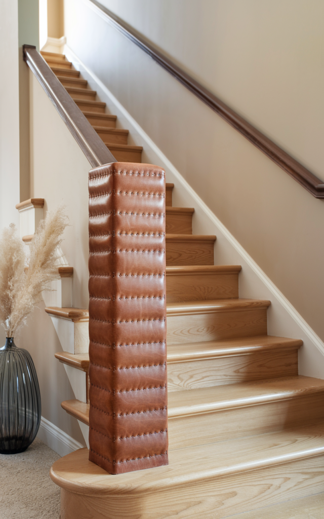 An elegant and natural-looking realistic photograph of a staircase with a smooth wooden handrail wrapped in rich tan leather with visible stitching along the underside mounted on a soft neutral wall beside modern stairs decorated in luxury contemporary home decor style with natural lighting