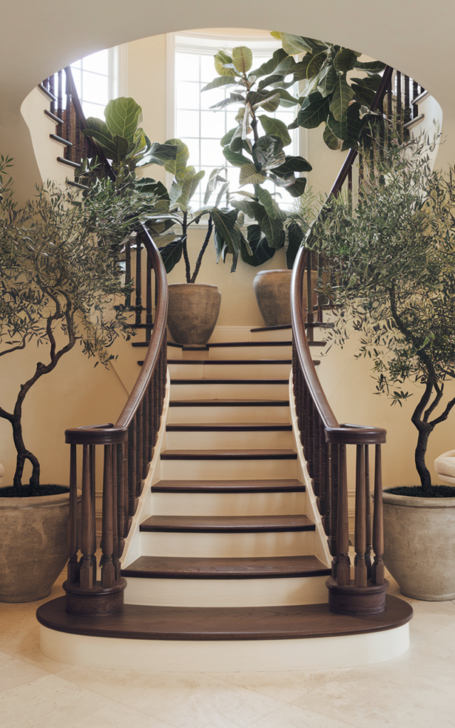 An elegant and natural-looking realistic photograph of a tall curved staircase foyer framed by oversized potted plants such as fiddle leaf figs and olive trees softening the architectural lines decorated in resort-inspired style with natural lighting