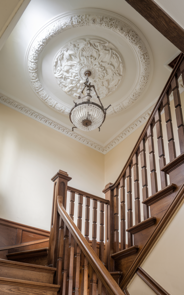 An elegant and natural-looking realistic photograph of a stairwell ceiling featuring an intricate plaster medallion framing a classic chandelier above a wooden staircase with detailed banister decorated in refined Victorian style with natural lighting