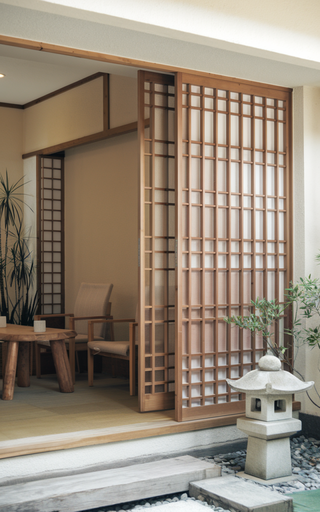 An elegant and natural-looking realistic photograph of an open entrance space separated by a wooden partition screen creating a subtle boundary decorated in Japanese zen style with natural lighting