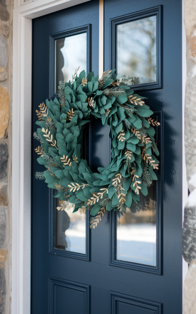 An elegant and natural-looking realistic photograph of a winter front door featuring a green wreath with subtle gold metallic leaves and accents catching soft light decorated in modern luxe style with natural lighting