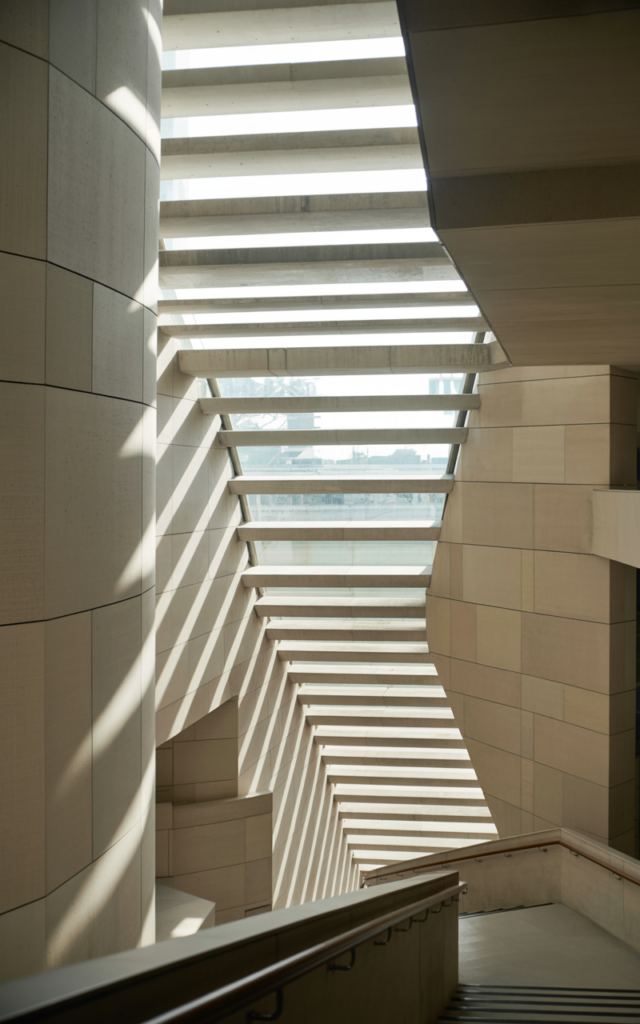 An elegant and natural-looking realistic photograph of a staircase with stacked horizontal rectangular windows following the slope of the stair run, casting linear light patterns across smooth plaster walls decorated in contemporary style with natural lighting