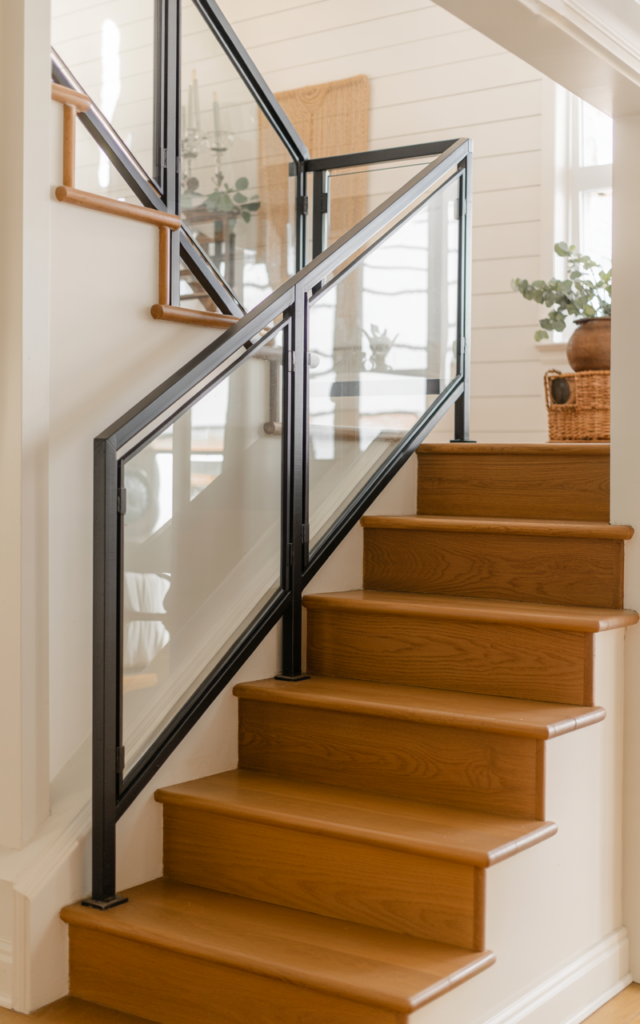 An elegant and natural-looking photograph of a staircase fitted with clear glass railing panels framed in matte black metal, paired with warm wooden treads and white walls decorated in modern farmhouse style with natural lighting