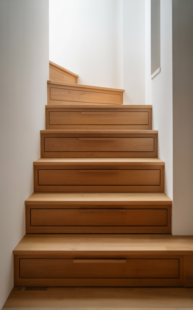 An elegant and natural-looking realistic photograph of a staircase with built-in hidden storage drawers integrated into the risers with handle-free push-to-open fronts decorated in modern functional style with natural lighting