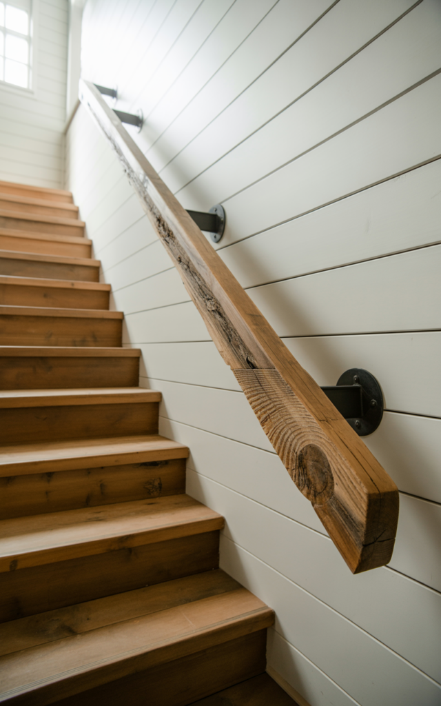 An elegant and natural-looking realistic photograph of a staircase with a rustic reclaimed wood handrail showing natural grain and knots mounted along a white shiplap wall beside simple wood stairs decorated in rustic farmhouse home decor style with natural lighting