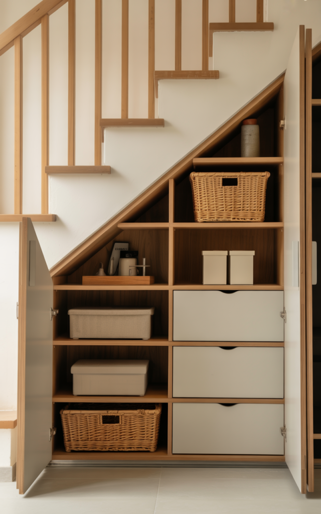 An elegant and natural-looking realistic photograph of an under-stair storage area concealed behind sleek sliding doors revealing organized shelves, drawers, and baskets integrated within the staircase cavity decorated in contemporary Japanese-inspired minimalist decor style with natural lighting
