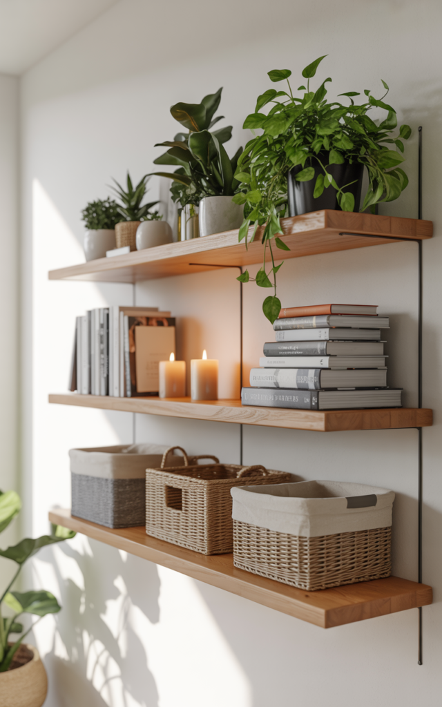 An elegant and natural-looking realistic photograph of a small entrance wall with floating shelves displaying plants, candles, books, and storage boxes decorated in modern functional style with natural lighting