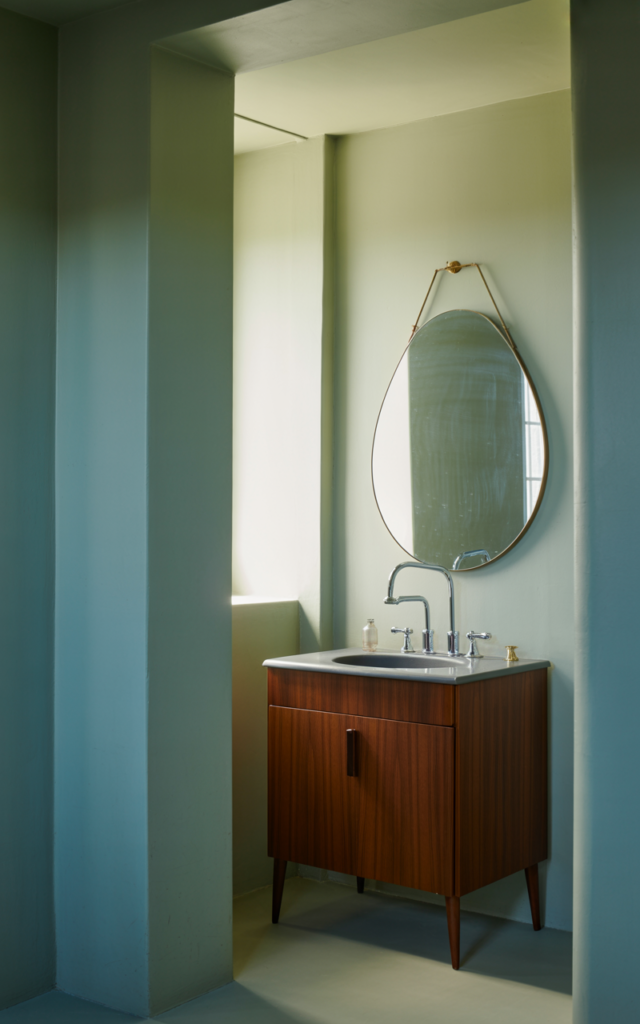 An elegant and natural-looking realistic photograph of a bathroom with walls painted in muted sage green and dusty blue tones paired with simple fixtures decorated in mid century modern style with natural lighting