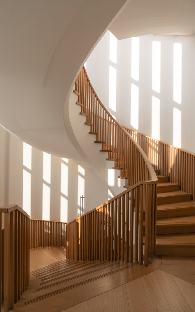 An elegant and natural-looking realistic photograph of a circular staircase with vertical wooden slat railings following the spiral shape and warm wooden steps creating textured shadows along the wall decorated in Scandinavian interior style with natural lighting
