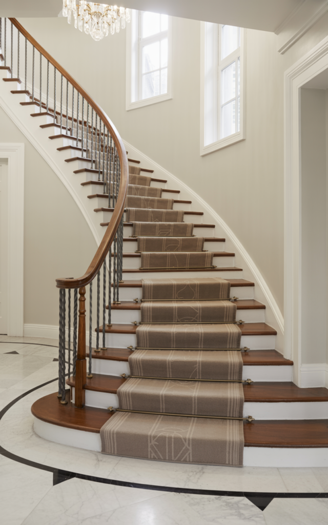 An elegant and natural-looking realistic photograph of a wide curved staircase foyer showcasing a two-tone staircase with contrasting treads and risers framed by a neutral runner decorated in modern classic style with natural lighting