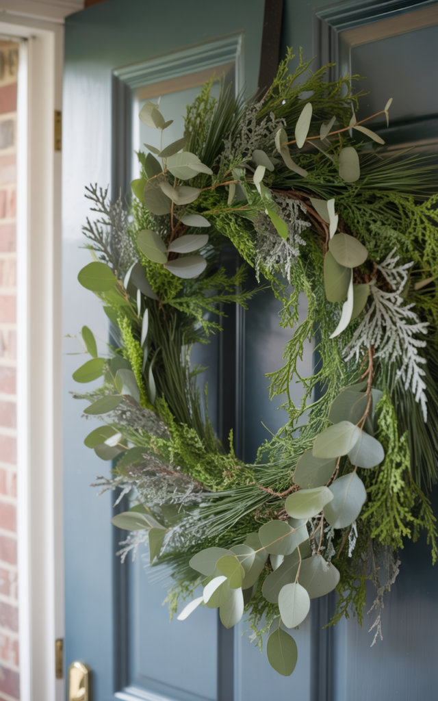 An elegant and natural-looking realistic photograph of a front door styled with a layered greenery wreath combining pine cedar and eucalyptus creating depth and fullness decorated in lush transitional style with natural lighting