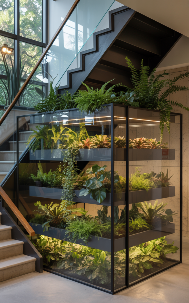 An elegant and natural-looking realistic photograph of an under-stair glass-enclosed indoor garden with layered plants, warm grow lights and sleek glass panels, decorated in biophilic modern style with natural lighting