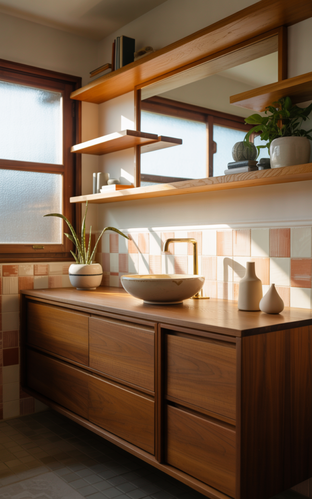 An elegant and natural-looking realistic photograph of a bathroom featuring mixed wood tones including a walnut vanity and lighter oak shelving with cohesive warm undertones decorated in mid-century modern style with natural lighting