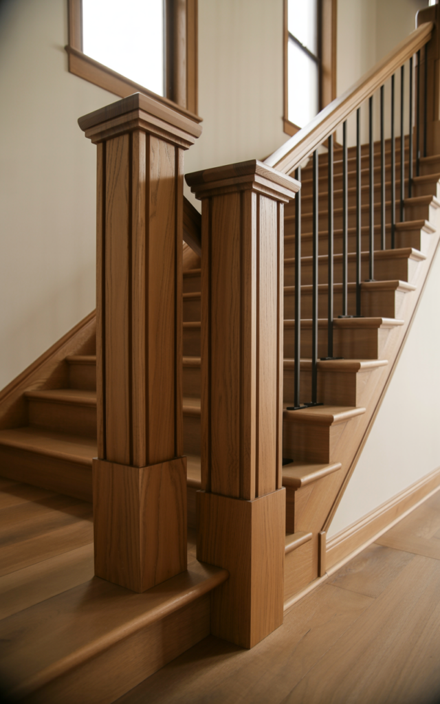 An elegant and natural-looking realistic photograph of an oak staircase featuring chunky squared modern newel posts replacing ornate traditional ones with clean lines and sturdy presence decorated in minimalist contemporary style with natural lighting