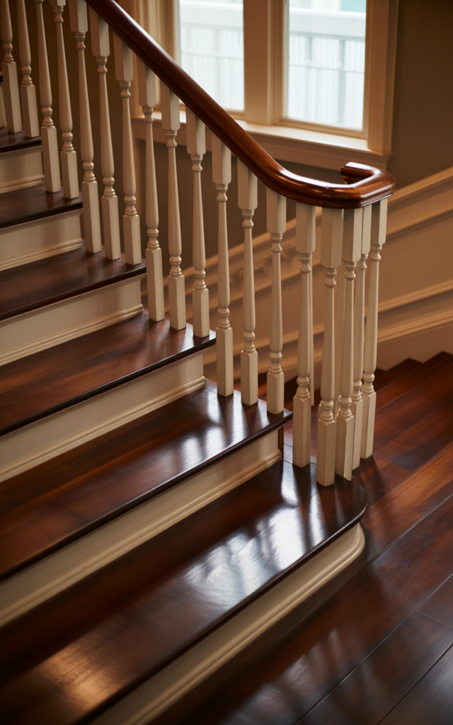 An elegant and natural-looking realistic photograph of a staircase with dark glossy wood treads contrasted by light cream painted spindles and a rich wooden handrail decorated in transitional Victorian style with natural lighting