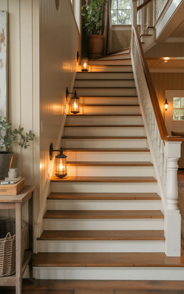 An elegant and natural-looking realistic photograph of a traditional staircase featuring black metal lantern-style wall lights mounted along the stair wall casting warm light across wooden steps and classic railings, decorated in farmhouse traditional home decor style with natural lighting
