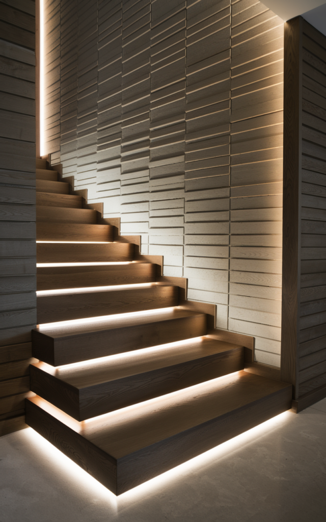 An elegant and natural-looking realistic photograph of a staircase framed by floor-to-ceiling wall washer lighting that softly illuminates a textured feature wall beside wooden steps, creating a calm glowing backdrop along the staircase, decorated in contemporary luxury interior style with natural lighting