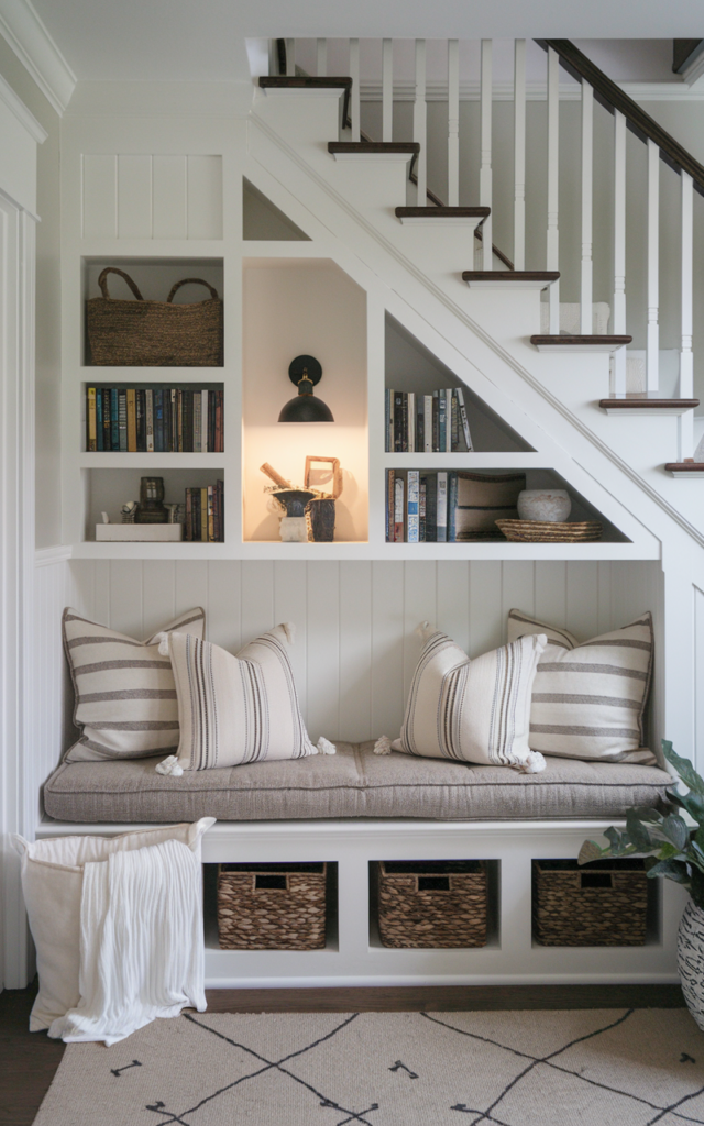 An elegant and natural-looking photograph of a cozy reading nook built beneath a staircase with a white built-in bench, textured cushions, woven baskets, and a small wall sconce decorated in modern farmhouse style with natural lighting