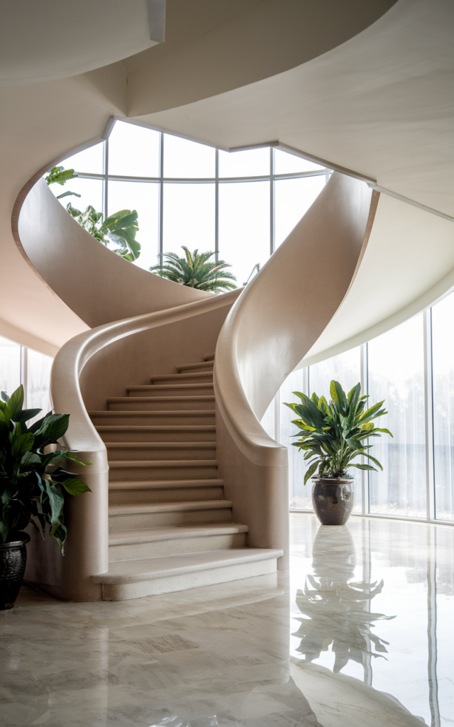 An elegant and natural-looking realistic photograph of a curved modern staircase with smooth flowing lines and a slim nearly invisible railing decorated in contemporary luxury style with natural lighting
