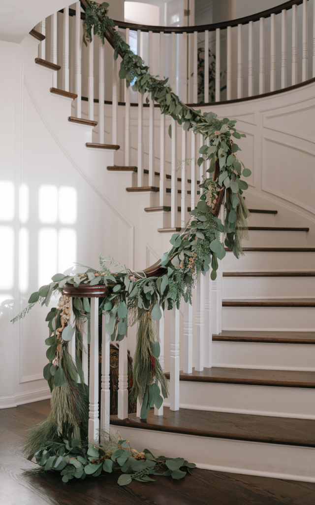An elegant and natural-looking realistic photograph of a curved staircase foyer decorated with seasonal greenery draped along the railing, featuring soft eucalyptus and delicate florals accenting the curve decorated in festive transitional style with natural lighting