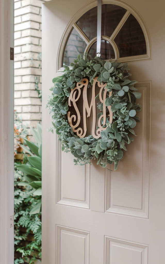 An elegant and natural-looking realistic photograph of a front door displaying a wreath with a personalized wooden monogram initial at the center surrounded by soft greenery decorated in classic personalized style with natural lighting