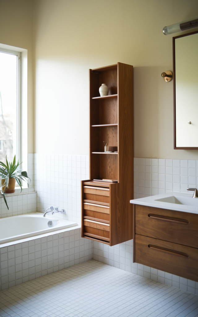 An elegant and natural-looking realistic photograph of a bathroom with slim profile wall-mounted storage cabinets in wood with clean lines and minimal hardware keeping the space open decorated in mid-century modern style with natural lighting