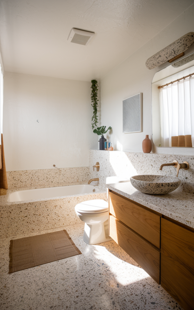 An elegant and natural-looking realistic photograph of a bathroom with terrazzo flooring and subtle terrazzo accents on the countertop and decor decorated in mid century modern style with natural lighting