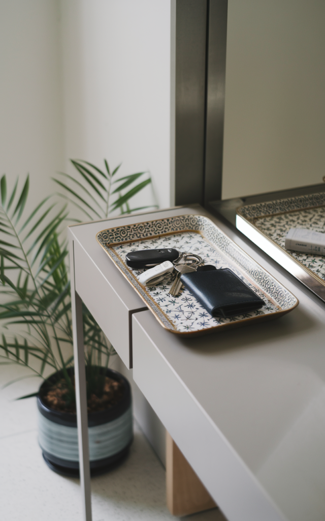 An elegant and natural-looking realistic photograph of an entry console styled with a decorative tray holding keys, wallet, and small essentials in an organized way decorated in modern minimalist style with natural lighting