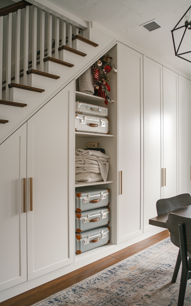 An elegant and natural-looking realistic photograph of tall closed cabinets built under a staircase for seasonal storage, sleek panel doors concealing suitcases, blankets, and holiday decorations within a built-in storage wall decorated in modern minimalist home decor style with natural lighting